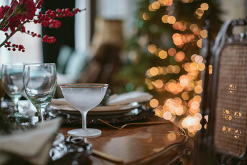 Aesthetic Christmas table setting. Christmas tree on background. Festive holiday season. Copy space.