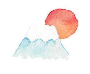 年賀状素材17: 手描きの水彩画　初日の出と富士山　（透過背景）
