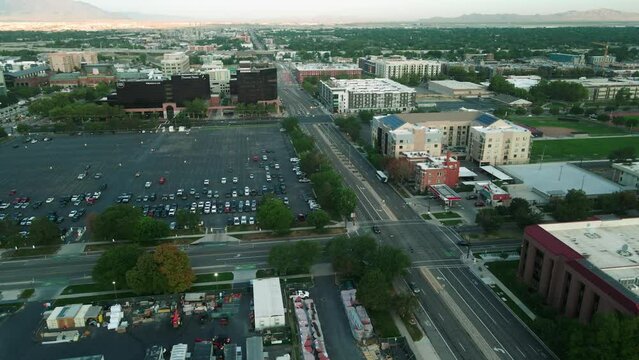static shot of Salt lake city, utah, USA at 5am in the morning aerial 4k footage, few cars commuting to work