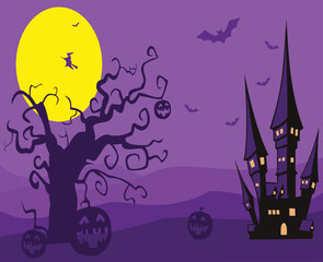 old castle halloween background, old tree and pumpkin jak o lantern.eps © enway