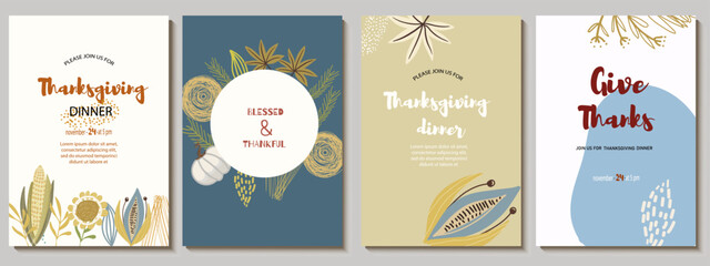 Set of invitations, menu, card design with abstract flowers, buds, fruits, spots, corn, autumn palette. Suitable for Thanksgiving dinner or fall birthday. wedding ceremony, vector illustration.