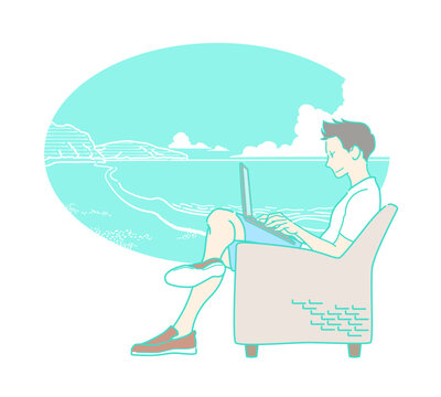 ワーケーション　海辺　パソコンで仕事する男性のイメージイラスト