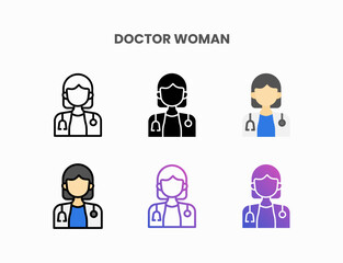 Doctor Woman icon set with line, outline, flat, filled, glyph, color, gradient. Can be used for digital product, presentation, print design and more.