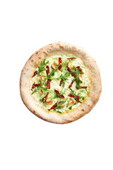 Homemade pizza with shrimp sun-dried tomatoes and arugula. View from above. Transparent.