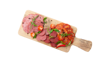 Various meat snacks on the board. View from above. Transparent.
