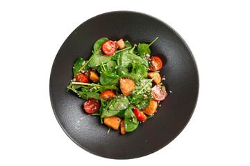 Salad with red fish and tomatoes in a plate. View from above. Transparent.
