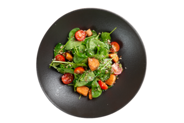 Salad with red fish and tomatoes in a plate. View from above. Transparent.