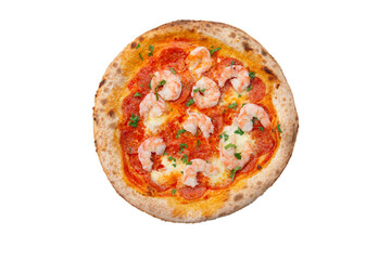 Homemade pizza with shrimp. View from above. Transparent.