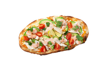 Roman pizza with shrimp and aurcado. View from above. Transparent.