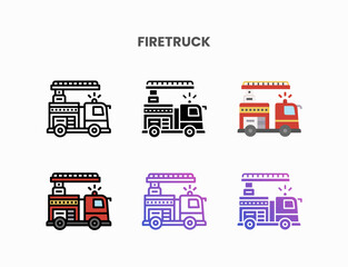 Firetruck icon set with line, outline, flat, filled, glyph, color, gradient. Can be used for digital product, presentation, print design and more.