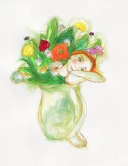 Zelfklevend Fotobehang girl and flowers. watercolor painting. illustration.  © Anna Ismagilova