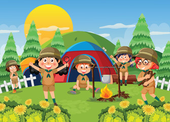 Children camping out forest scene