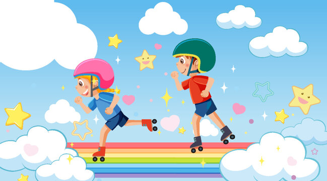 Children playing roller skates on rainbow