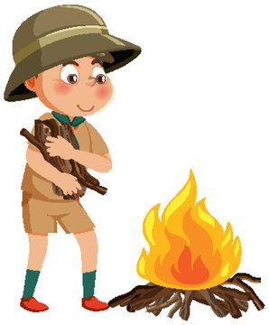 Cute boy scout cartoon character campfire