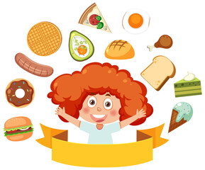 Many foods around girl cartoon character
