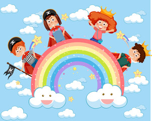 Happy kids in in the sky with rainbow