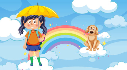 Obraz na płótnie Canvas Cute girl with her dog in the sky