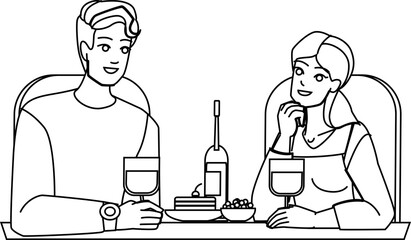 couple eating restaurant line pencil drawing vector. young people, food man, cafe woman, drink happy meal eating, beautiful dating couple eating restaurant character. Illustration