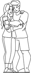 couple embracing line pencil drawing vector. woman man love, happy hug, romantic home, young smile together couple embracing character. people Illustration