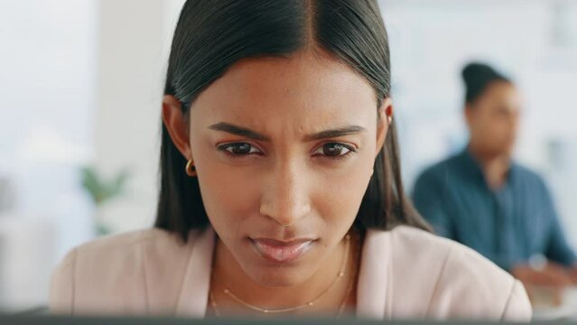 Work, stress and business woman at computer confused by spam email, glitch or 404 error. Lady frustrated, reading and working on mistake in tax compliance status or problem on audit report online.