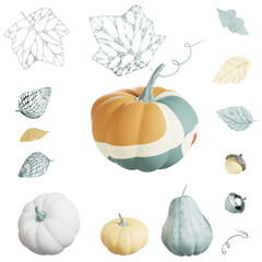 3D illustration render Autumn pumpkin and nuts leaves set clip art