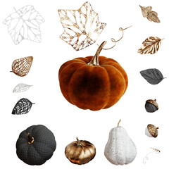 3D illustration render Autumn clip art transparent set of elements pumpkin nuts leaves
