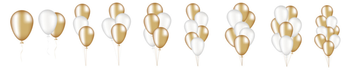Big set of realistic golden and white balloons. Bouquets of balloons of various sizes