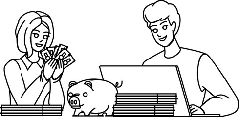 couple finance line pencil drawing vector. woman man laptop, home young budget, happy money, family tax computer couple finance character. people Illustration