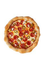 Homemade pizza with sausage and jalapeno. View from above. Transparent.
