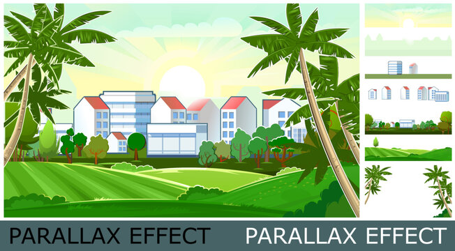 Village in suburbs. Cityscape with palms and sky. Image from layers for overlay with parallax effect. Cozy place of residence. Flat style. Landscape Vector.