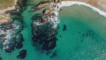 Vista aérea con drone en la playa Valdoviño, Ferrol, Galicia, España
