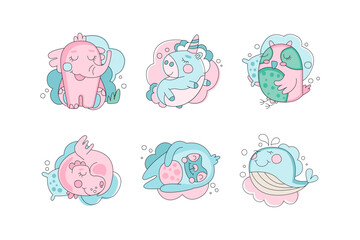 Cute hand drawn baby animals set. Funny blue and pink bird, elephant, unicorn, whale vector illustration © topvectors