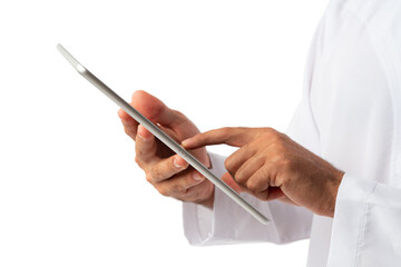 Close up photo of Arab man holding digital tablet on white background