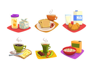 Food for healthy breakfast set. Sandwich, croissant, corn flakes, coffee and tea cups cartoon vector illustration