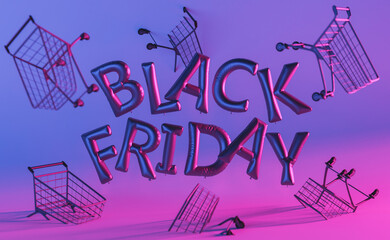 Black Friday balloons with shopping carts against bright background