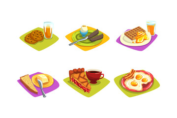 Food for healthy breakfast set. Cookies, waffles, egg, butter, bread, pie and glass of juice cartoon vector illustration, juice,