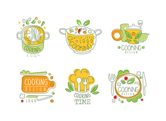 Cooking logo design set. Hand drawn badges, labels for culinary class, food festival, shop, cafe, food studio vector illustration