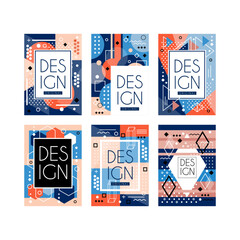 Modern abstract banners set. Background, poster, cover, flyer with color geometrical shapes cartoon vector illustration