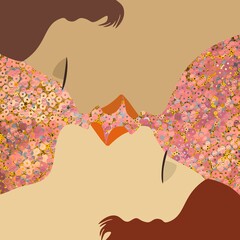 Abstract illustration of love. Closeup kissing.