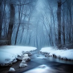 winter nature with stream and forest