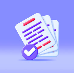 3D Approved Documents Papers Icon Isolated. Stack of Sheets with Approval Check Mark Render. Business Concept of Verified, Confirmed or Approved Document. Business Contract. Vector Illustration