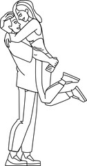 couple hugging line pencil drawing vector. love man, hug happy woman, romantic people, young romance, home together couple hugging character. people Illustration