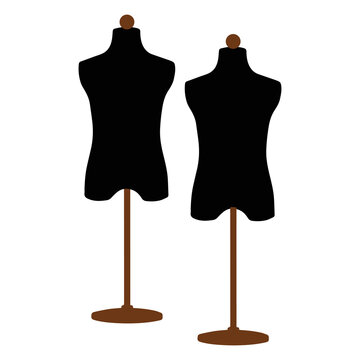 Vintage mannequin for female body. Manikin icon. Black empty torso dummy for woman and man  clothes, vector art image illustration, isolated on white background, silhouette design