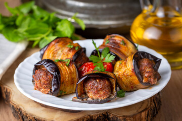 From traditional delicious Turkish cuisine; Meatballs in deep fried eggplant slices. Turkish name; Patlican sarma