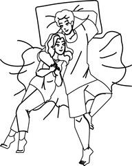 couple in bed line pencil drawing vector. bedroom love, happy man woman, young morning, romance couple in bed character. people Illustration