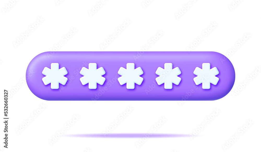 Poster 3d locked password field isolated on white. render password hidden stars in wide shape. computer dat