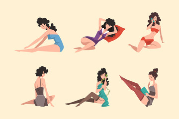 Beautiful pin up girls models wearing stylish clothes cartoon vector