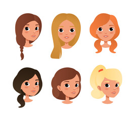 Teenage girls heads with different hair color and haircuts set cartoon vector illustration