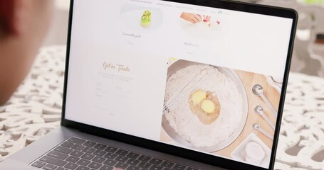 Man, laptop or cooking website for food recipe, contact us ux brand or creative web design logo. Zoom, technology screen or meal blog for health, baking or cake idea in home or house kitchen activity