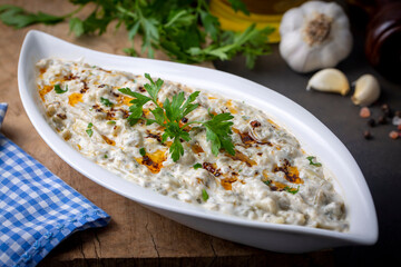 Traditional Turkish cuisine; Appetizer, salad made with eggplant and yoghurt. local name; Mutebbel